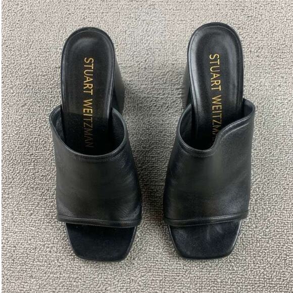 Stuart Weitzman Cayman 85 Block Slide Size 8.5 C Wide Heels Black Leather Shoes - Picture 2 of 7